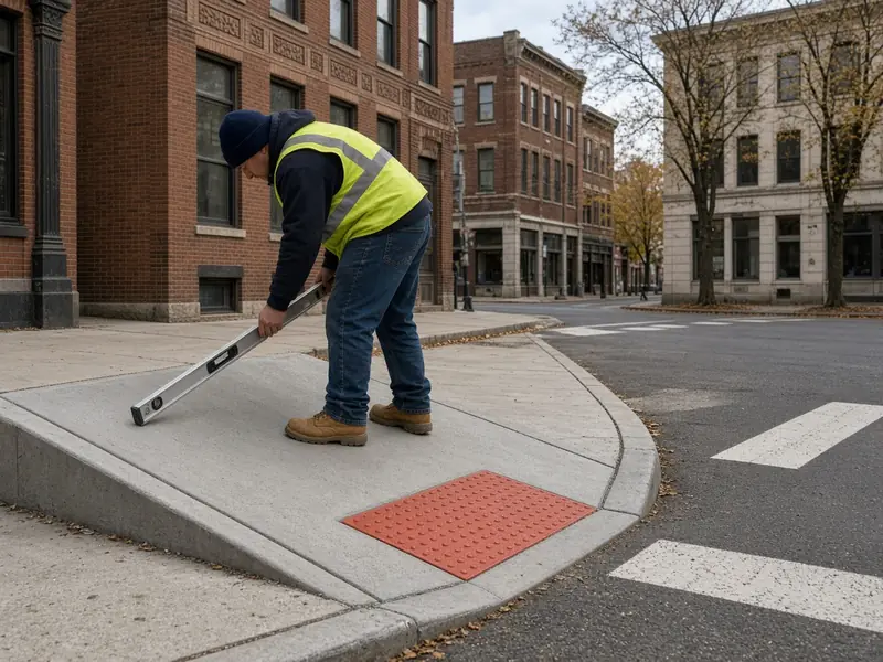 Worker checking the slope of a new concrete curb ramp with a red detectable warning panel at a downtown crosswalk