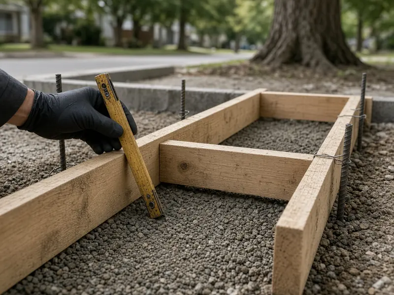 Gloved hand holding a folding rule inside driveway approach forms on compacted gravel to check depth before the pour