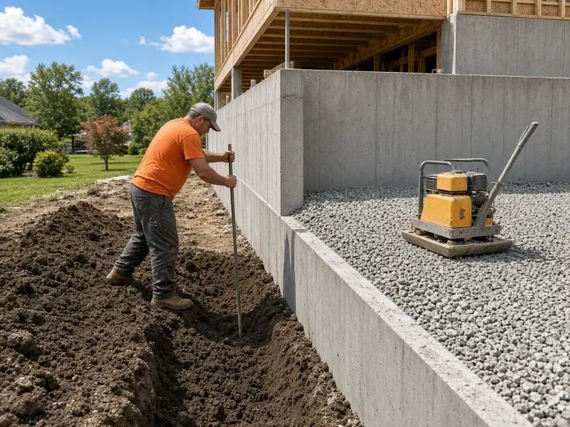 Worker pushing a steel probe into loose backfill beside a new foundation wall, with crushed stone and a plate compactor ready