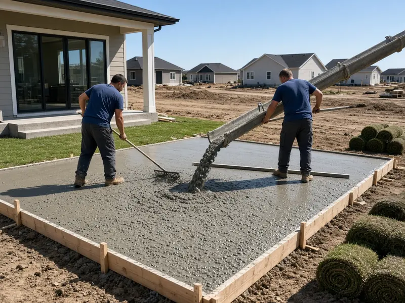 Two workers raking and screeding concrete from a chute into patio forms behind a new home, with sod rolls stacked nearby