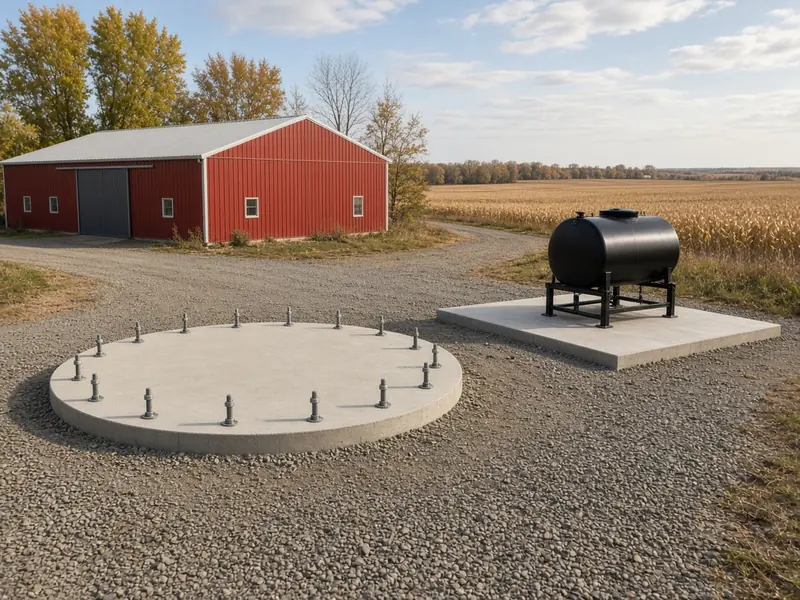 New round concrete bin pad with anchor bolts and a square equipment pad holding a fuel tank, beside a red machine shed and a harvested cornfield