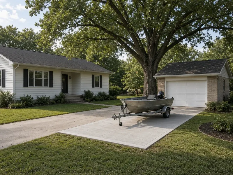 New concrete parking pad beside a driveway holding a small fishing boat on a trailer next to a detached garage