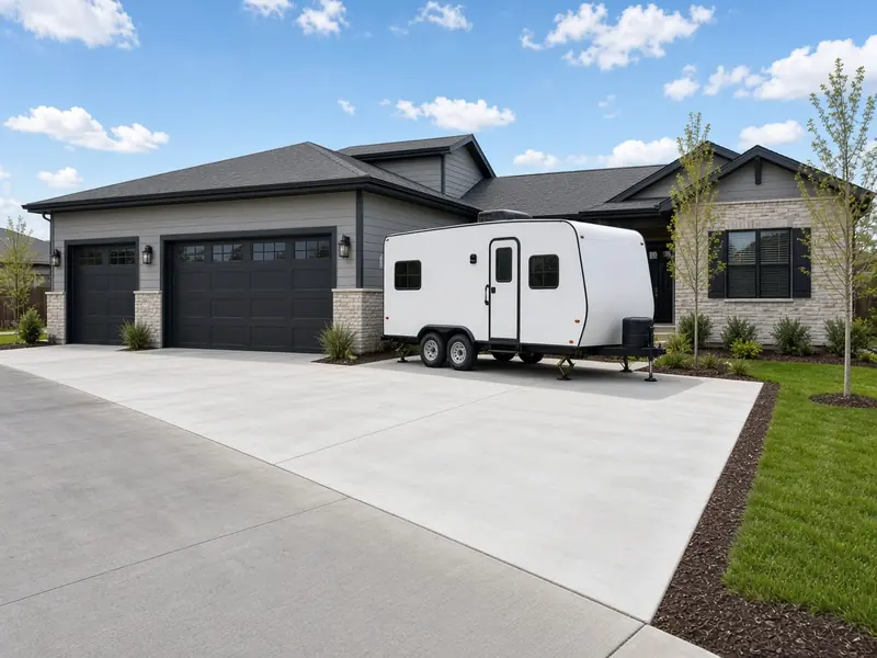 Long new concrete pad beside a three-car garage holding a white travel trailer