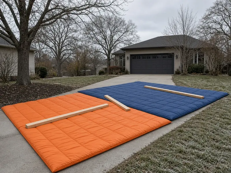 Orange and blue insulated curing blankets weighted with boards over a fresh driveway on a frosty late-fall day