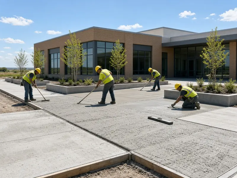 Crew in hard hats finishing new concrete walks and an entry plaza in front of a brick medical office building