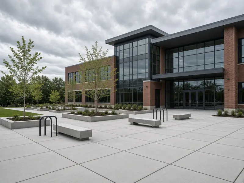 New concrete entry plaza with saw-cut joints, concrete benches, bike racks and raised planters in front of a brick and glass office building