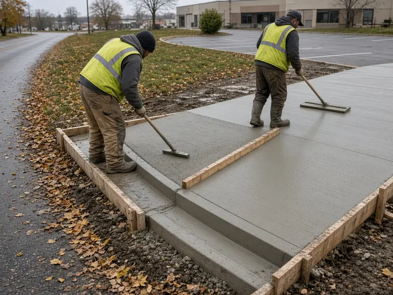 Two workers finishing a new concrete curb and gutter and commercial driveway approach beside a parking lot on a fall day