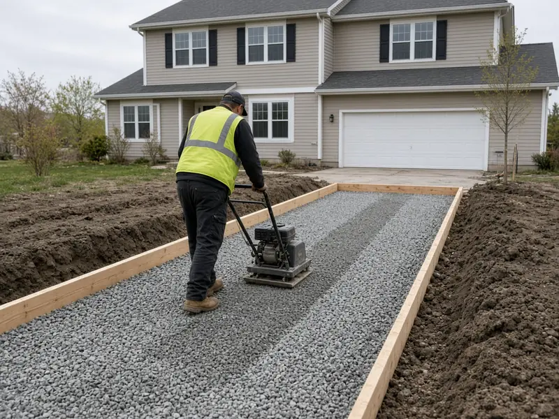 Worker running a plate compactor over a crushed stone base inside new driveway forms, with dark clay soil at the edges