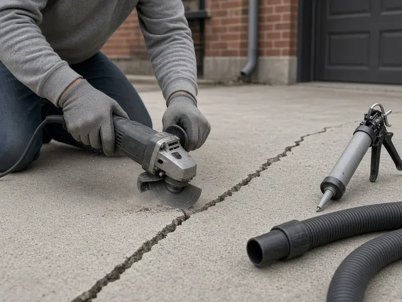 Gloved worker widening and cleaning a crack in a concrete driveway with an angle grinder, with a caulk gun and a vacuum hose ready beside it
