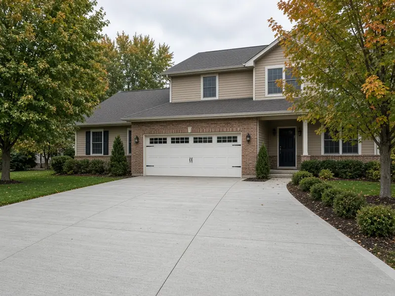 New broom-finish concrete driveway with straight saw-cut joints leading to the two-car garage of a two-story home with tan siding and brick