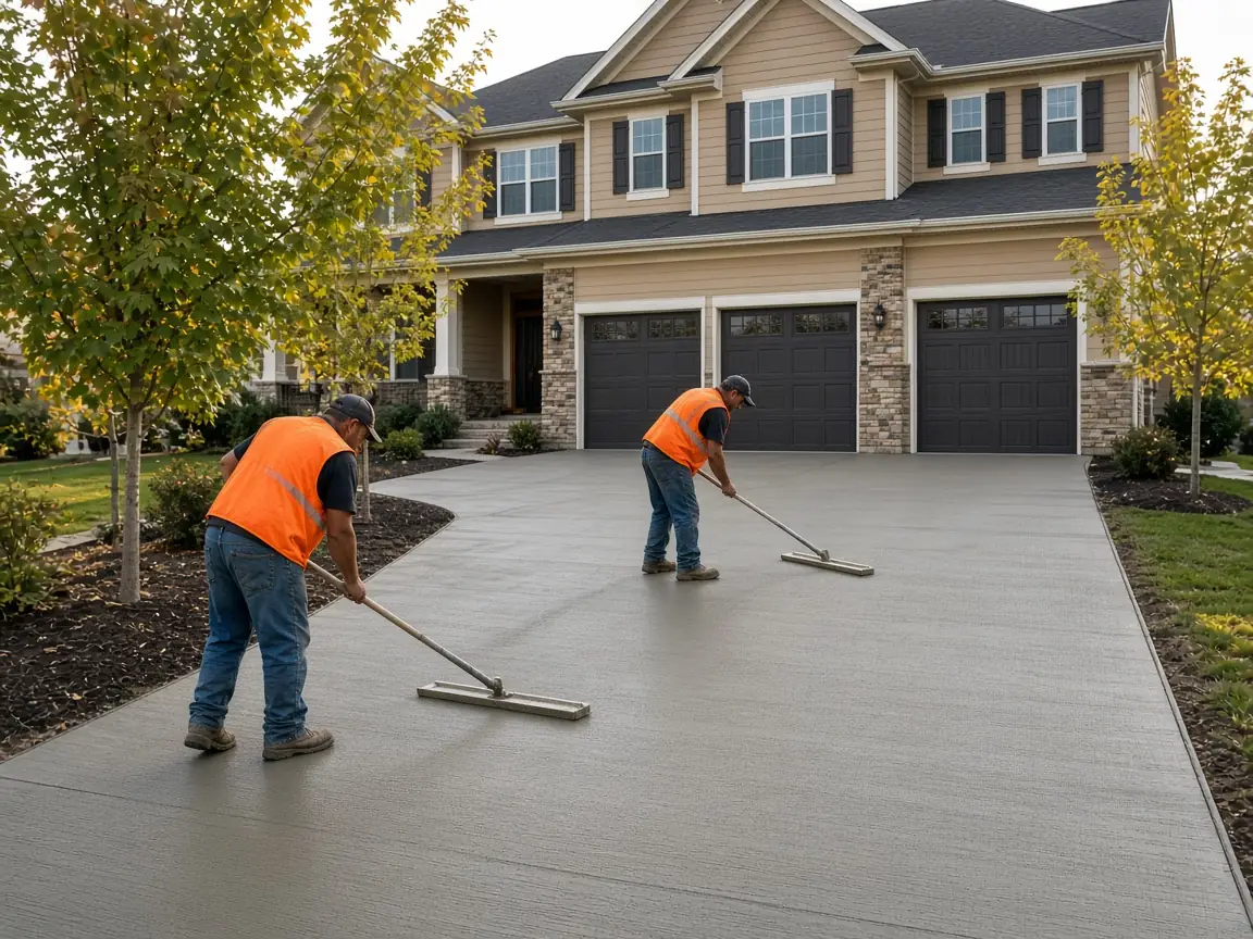 Two finishers in orange safety vests bull-floating a new concrete driveway in front of a two-story home with tan siding, stone accents and a three-car garage