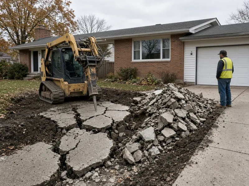 Compact track loader with a breaker removing an old cracked concrete driveway in front of a brick ranch house, with a pile of broken concrete beside it