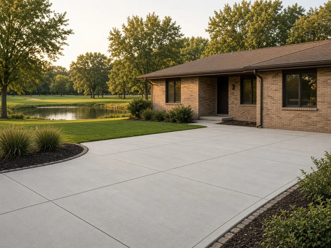 Newly replaced concrete driveway with crisp joints at a tan brick ranch home, with a pond and golf-course fairway behind