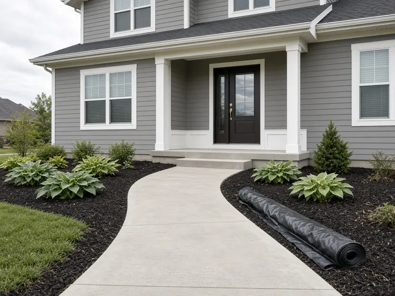 New concrete front walk curving to a two-step concrete stoop at the front door of a gray two-story home with hostas in fresh mulch