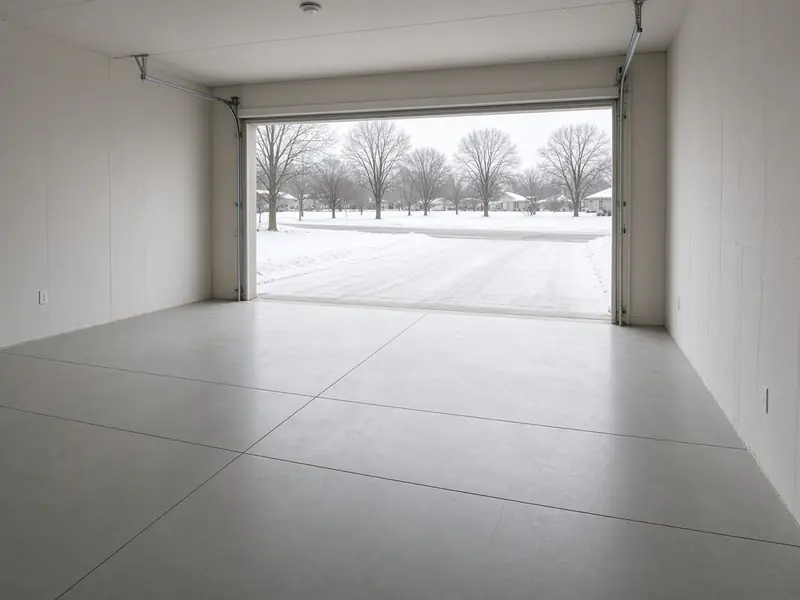 Empty attached garage with a new smooth concrete floor and saw-cut joints, the door open to a snowy street