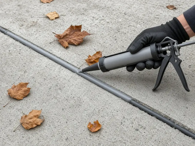 Gloved hand filling a cleaned driveway control joint with gray sealant from a caulk gun