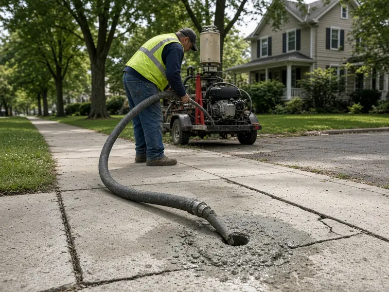 Worker pumping grout through a hose into a drilled hole to raise a sunken sidewalk panel