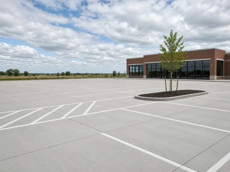 New concrete parking lot with saw-cut joints, striped stalls and a curbed tree island in front of a brick retail building