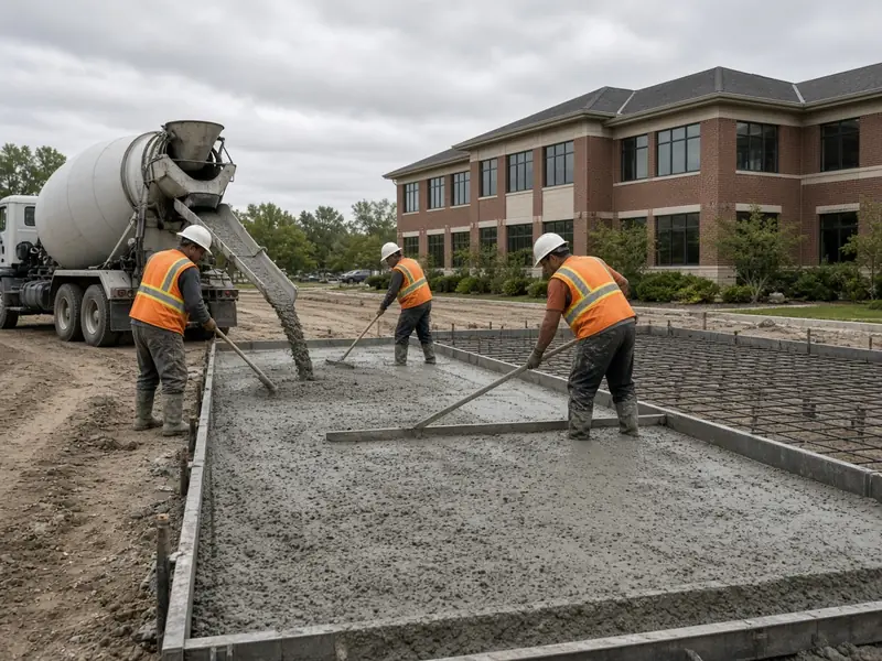 Crew in hard hats and safety vests placing and screeding concrete for a parking lot from a mixer truck, with rebar laid in the next lane and a brick office building behind