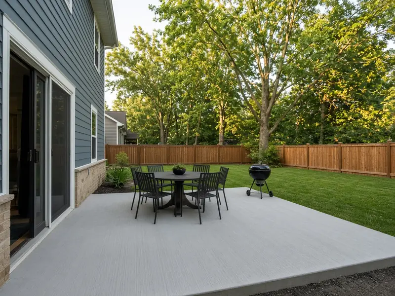 New broom-finish concrete patio off a sliding door with a dining table and a grill in a fenced backyard