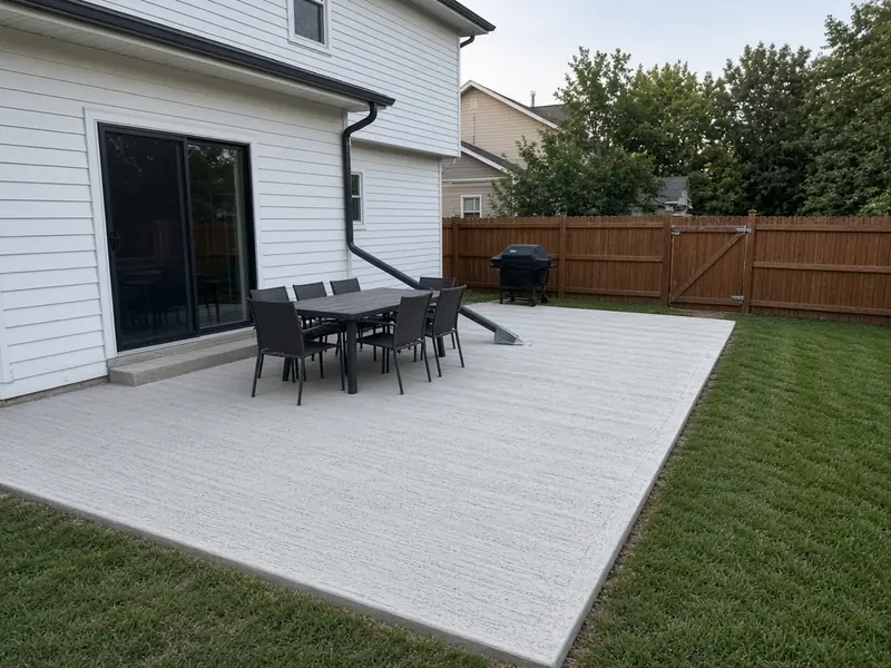 Large new broom-finish concrete patio off a sliding door with a dining table for eight and a grill, sloped away from a home with white siding