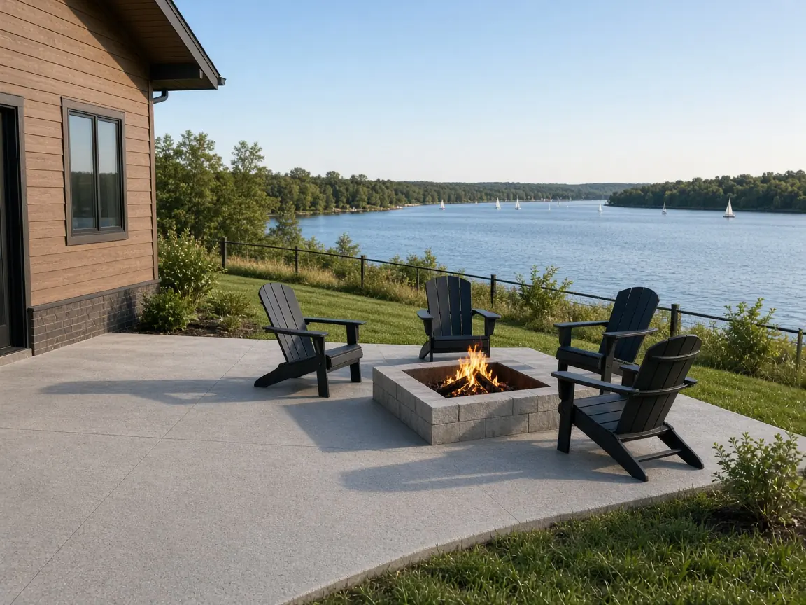 New concrete patio with a fire pit and four chairs behind a home, the yard sloping down to a wide lake with sailboats