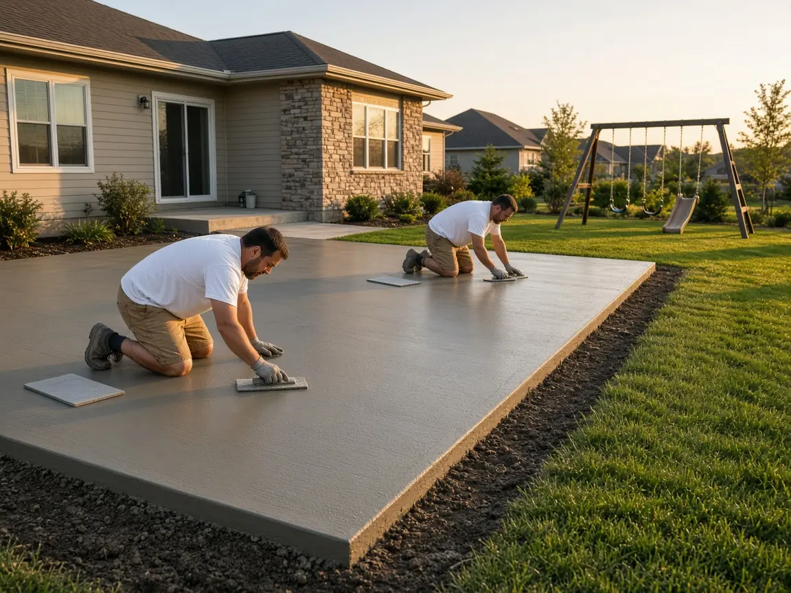 Two finishers on knee boards hand-troweling a large new backyard patio behind a ranch home with stone accents at golden hour