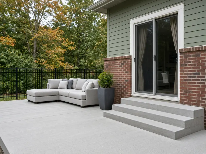 New light-gray concrete patio with wide concrete steps up to a sliding door, an outdoor sectional and fall trees beyond a black fence