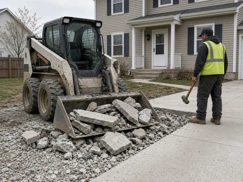 Skid steer loading broken slabs of an old driveway during tear-out while a worker stands by