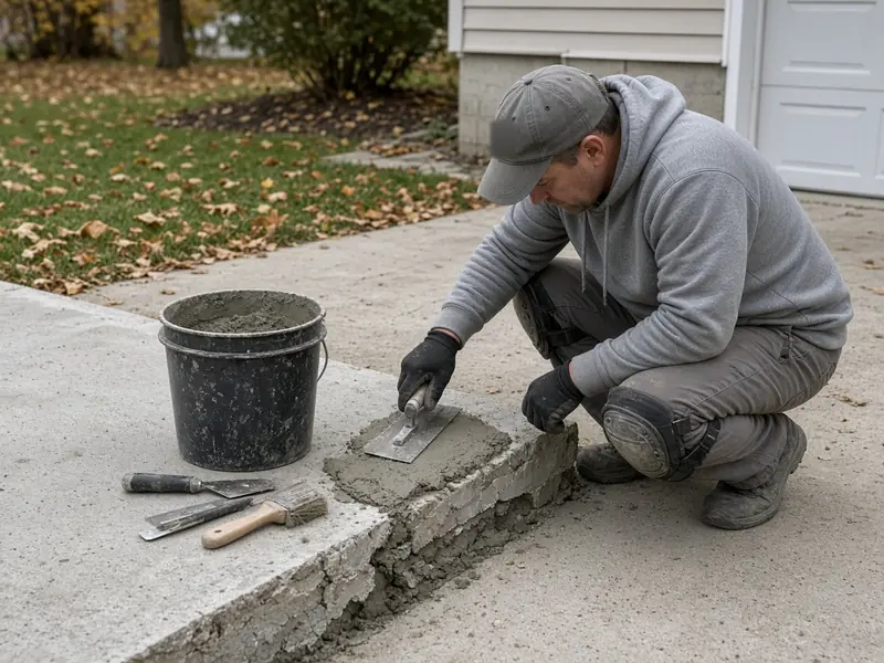 Worker patching a chipped corner of a concrete garage apron with repair mortar and a trowel
