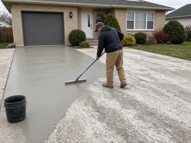 Worker spreading a thin resurfacing overlay across an old salt-scaled driveway with a squeegee