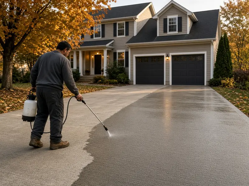 Worker spraying clear sealer onto a broom-finish driveway in front of a two-story home with fall trees