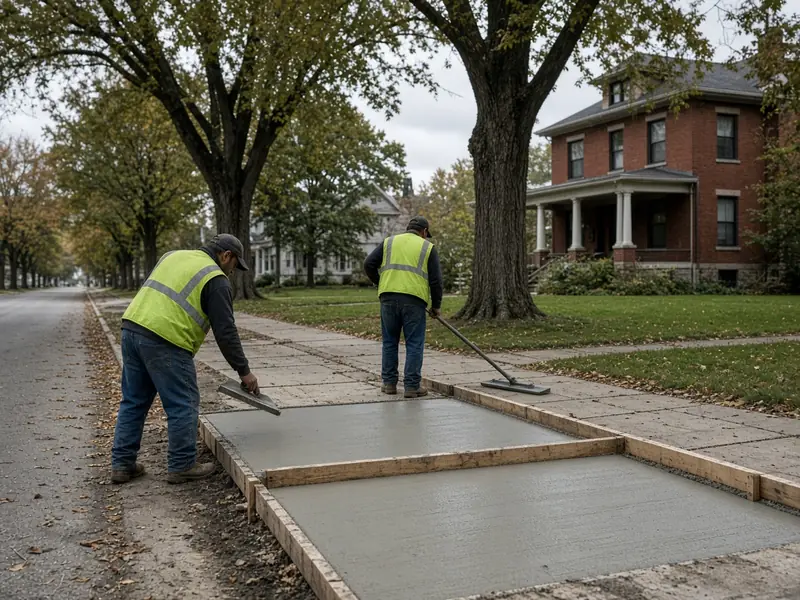 Two finishers in safety vests floating and edging new public sidewalk squares inside wood forms on a tree-lined street with a red brick house