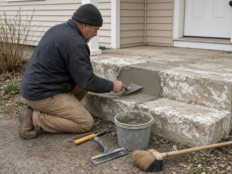 Worker patching salt-scaled, flaking concrete front steps with a trowel and a bucket of repair mortar