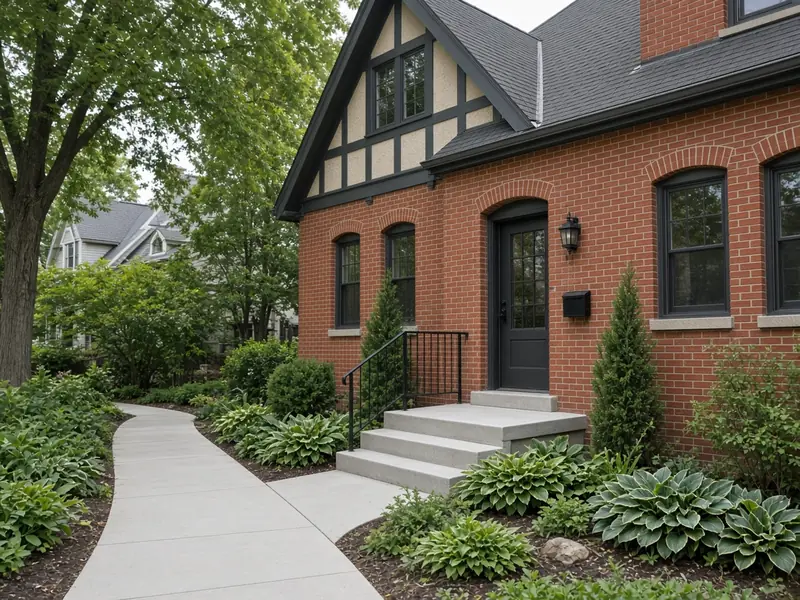New concrete front steps with a black metal railing and a curving front walk at a red brick Tudor-style house