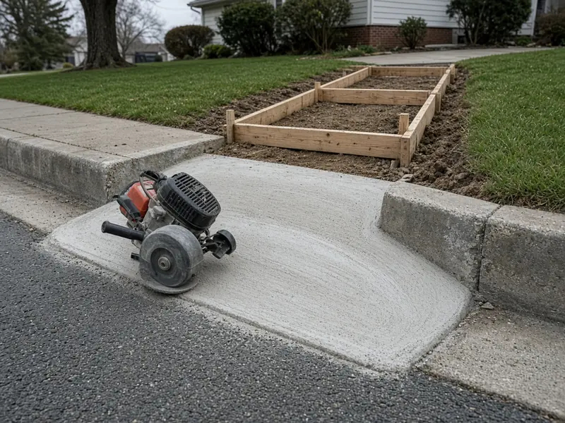 Section of residential curb ground down low and smooth for a new driveway opening, with a hand grinder in the gutter and new approach forms behind