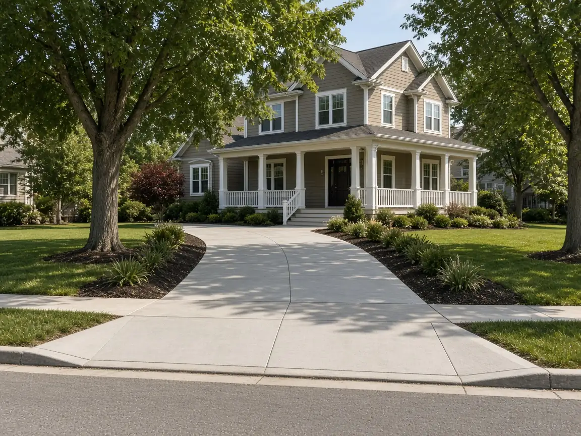New concrete driveway approach and curb cut crossing the public sidewalk in front of a two-story home with a wide front porch