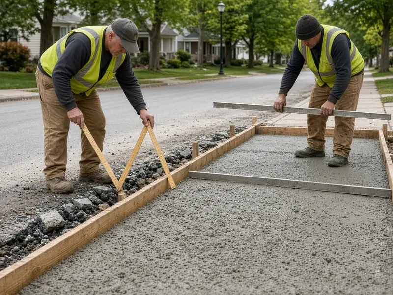 Two workers in safety vests checking form depth with a folding rule and striking off a thick new driveway approach at the street