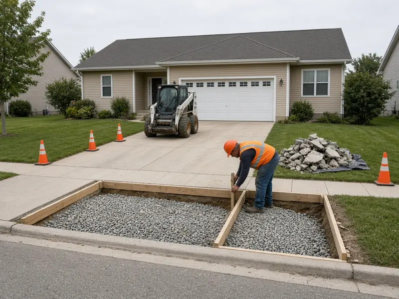 Old driveway approach removed between the curb and the public sidewalk, with a crushed-rock base and new wood forms set behind the curb as a worker stakes them, the street untouched