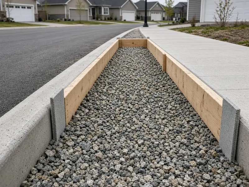 Driveway approach forms on a compacted rock base between the curb and the sidewalk, with expansion joint strips at both ends