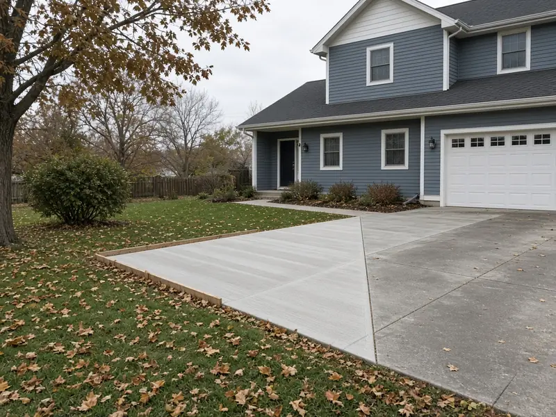 New broom-finish concrete driveway extension meeting the older driveway at a clean joint in front of a two-story home with blue-gray siding
