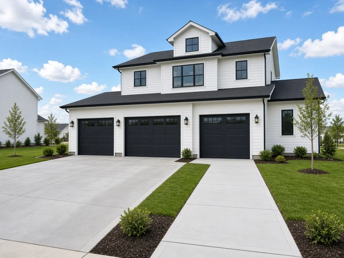 New concrete driveway extension to the third stall of a white two-story home with three black garage doors in a newer subdivision