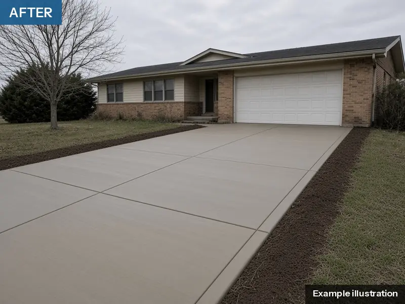 Example illustration: the same driveway replaced with new broom-finish concrete and straight saw-cut joints