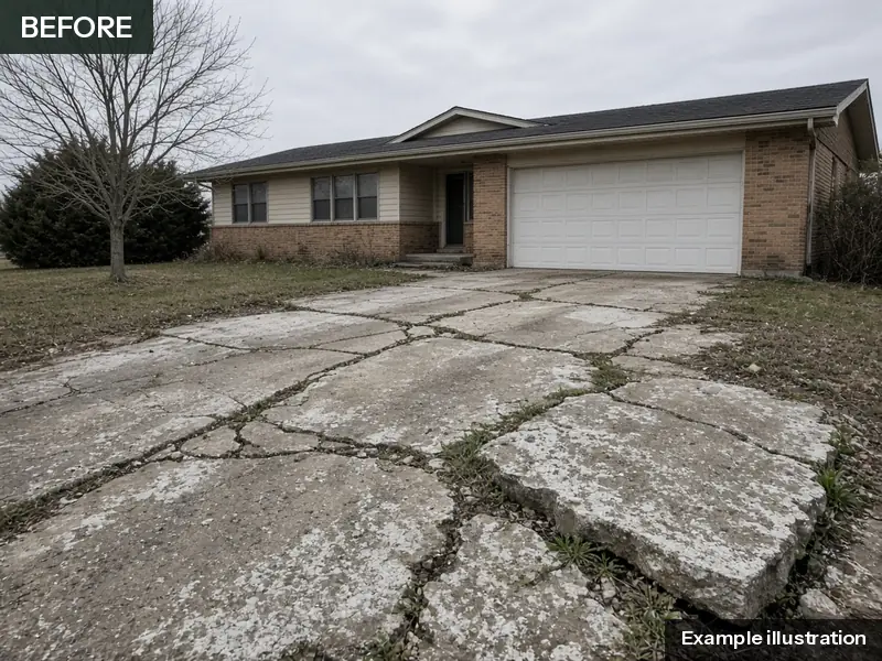 Example illustration: an old driveway broken into plates with heaved panels and weeds in front of a ranch house