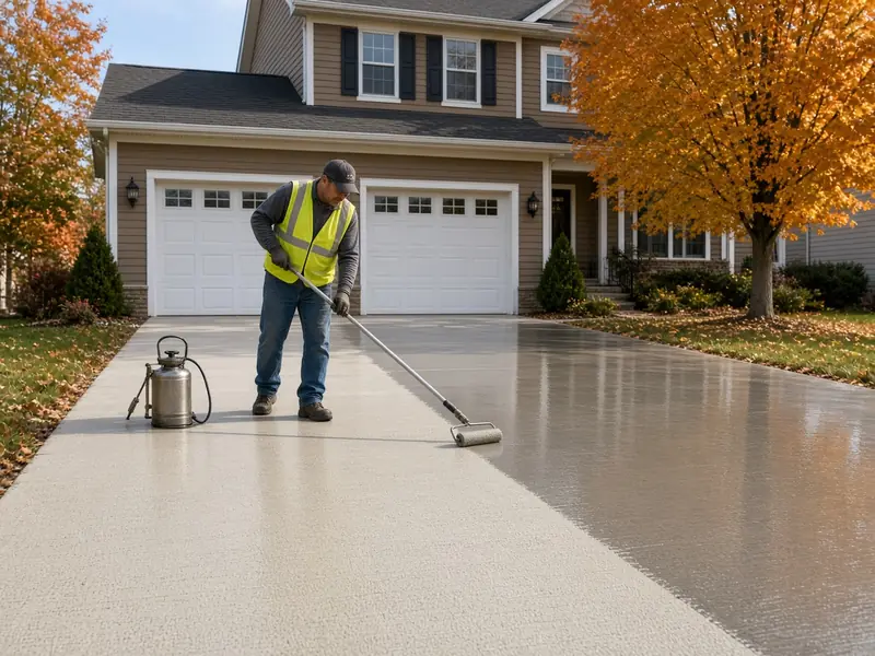 Worker in a safety vest rolling clear sealer onto a concrete driveway, the sealed half darker and glossy, in front of a two-car garage with fall trees