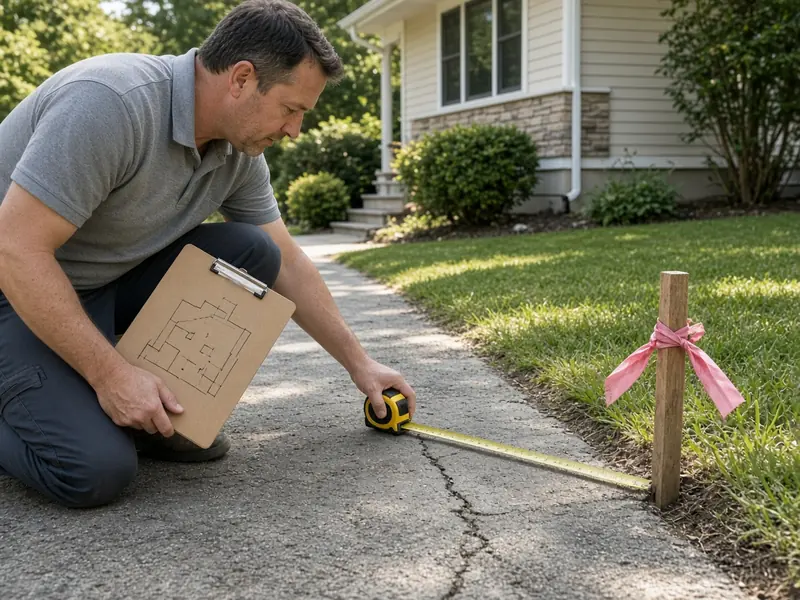 Man with a clipboard sketch measuring from the edge of a driveway to a flagged property-line stake with a tape measure