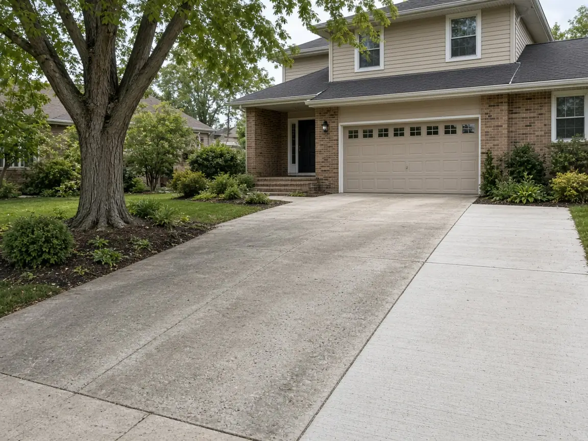 Older concrete driveway widened with a strip of new light-gray concrete beside it in front of a brick and siding two-story home