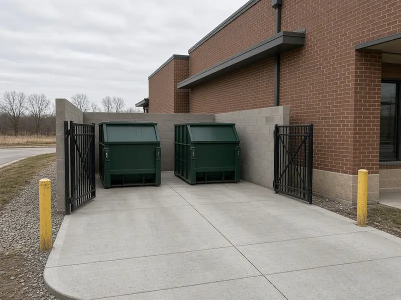 New concrete dumpster pad and approach slab inside a masonry enclosure with steel gates and yellow bollards behind a brick commercial building