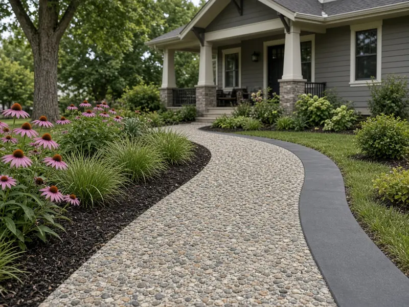 Curving exposed aggregate walkway with a charcoal colored concrete border leading to a craftsman house
