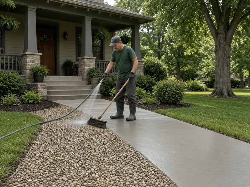 Worker rinsing a fresh concrete walkway with a hose and broom to expose the pebble aggregate in front of a craftsman house with a porch